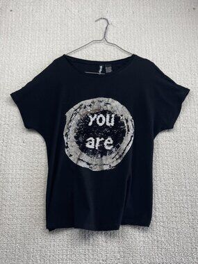 Desigual Black T Shirt Women's Sequin Metallic Design "You Are" Flowy Read